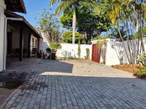 Corredor externo pavimentado com palmeira ao fundo